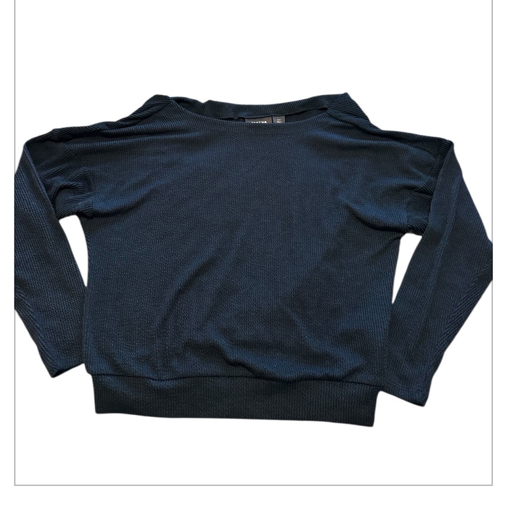 Anthropologie Maeve Navy Ribbed Long Sleeve Off Shoulder Blouse XSP